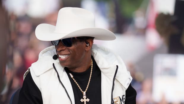 Colorado Buffaloes head coach Deion Sanders on the set of ESPN College GameDay prior to the game between the Colorado Buffaloes and the Colorado State Rams at Folsom Field
